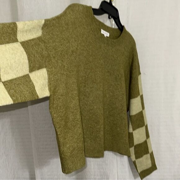 blu pepper XL Olive Moth Green Heather Knit Crew Checker Sleeve Boxy Sweater - Picture 9 of 15